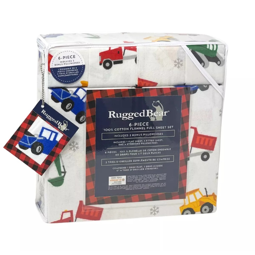 Rugged Bear FULL 6 PC Colorful Construction Trucks Cotton Flannel Sheet Set NEW